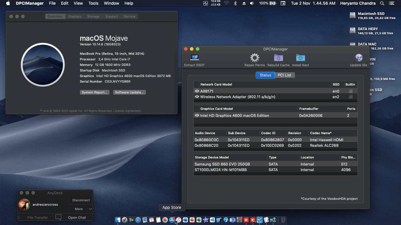 Success Hackintosh macOS Mojave 10.14.6 Build 18G9323 at Asus X450JF-WX023D